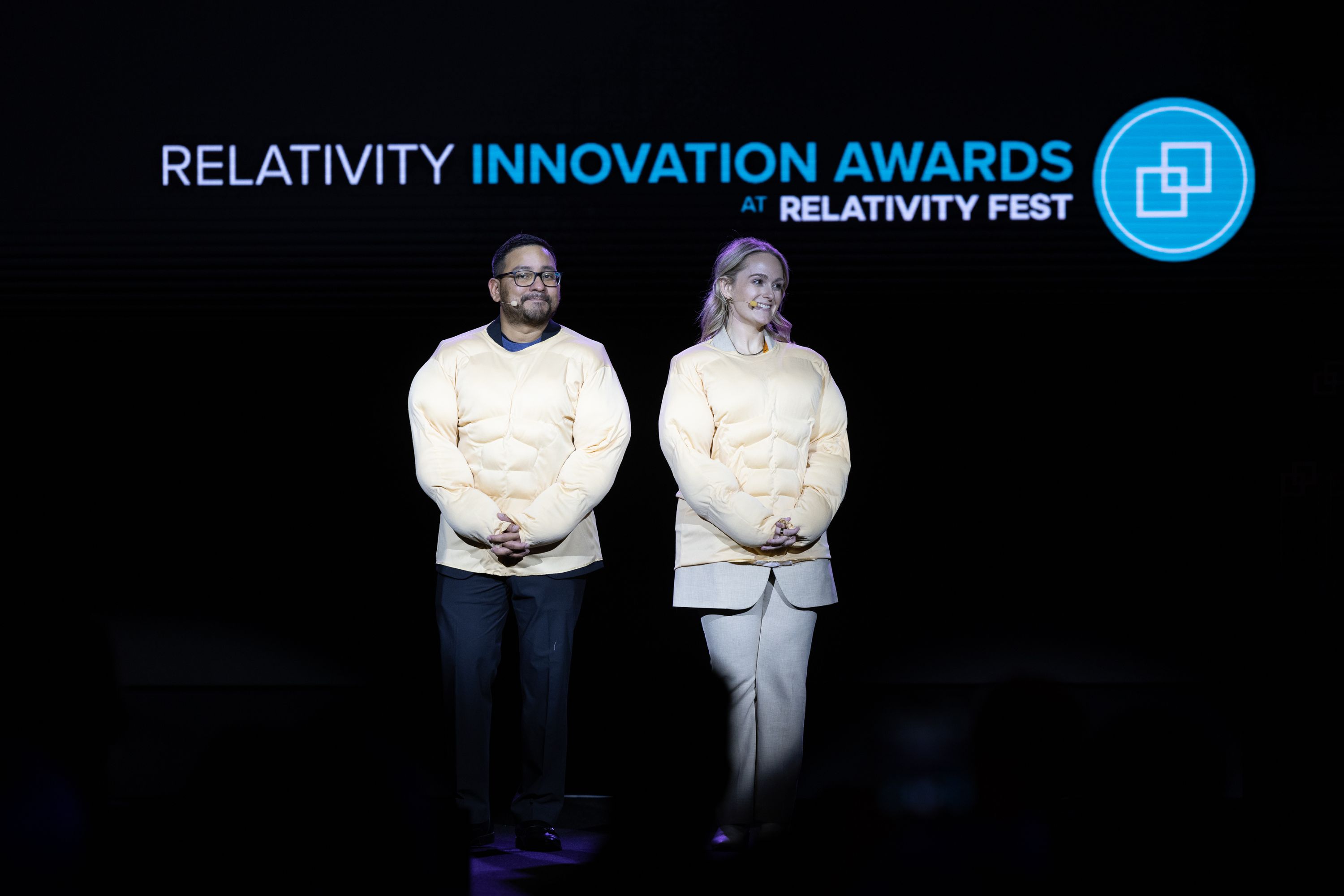 Michael Obregon & Blair Cohen on stage at the Relativity Innovation Awards