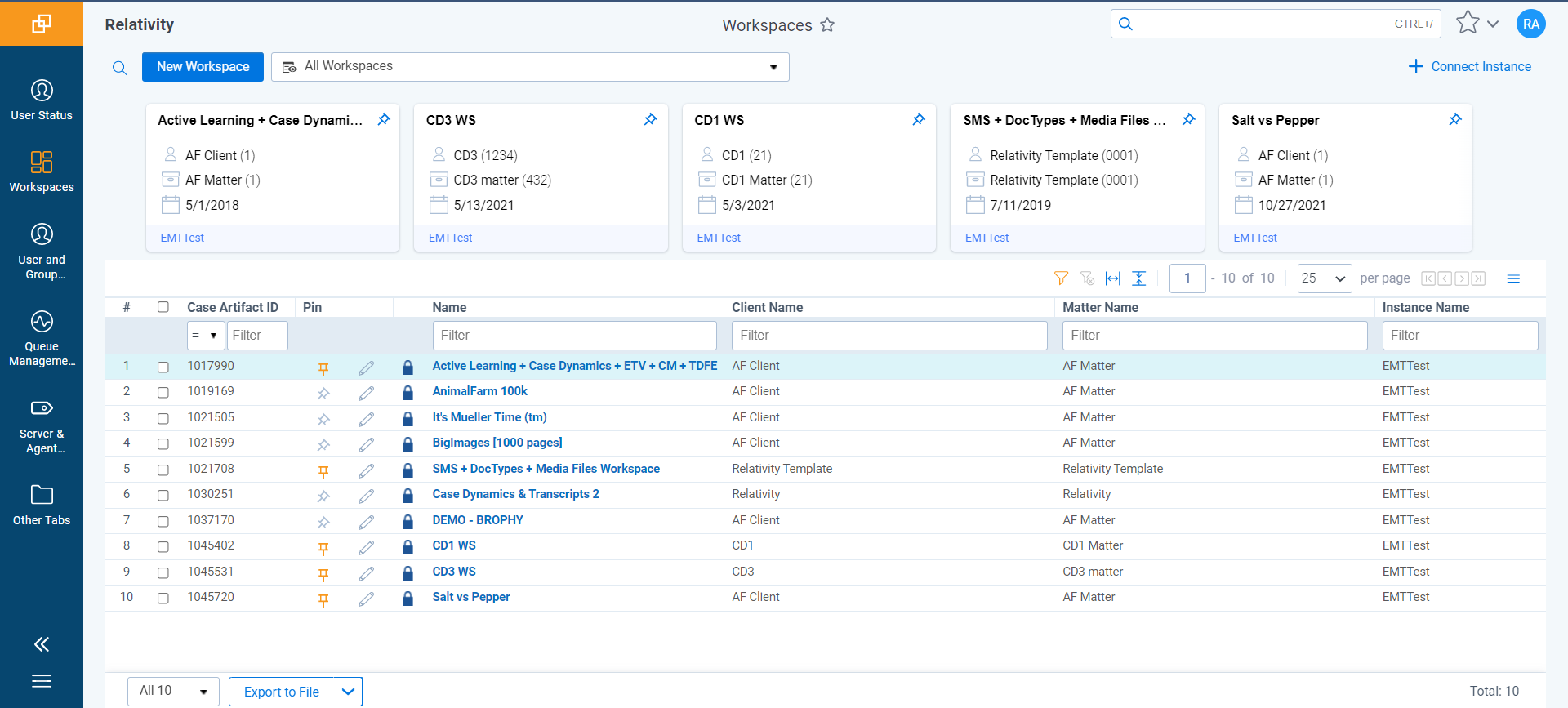 Relativity workspace screenshot