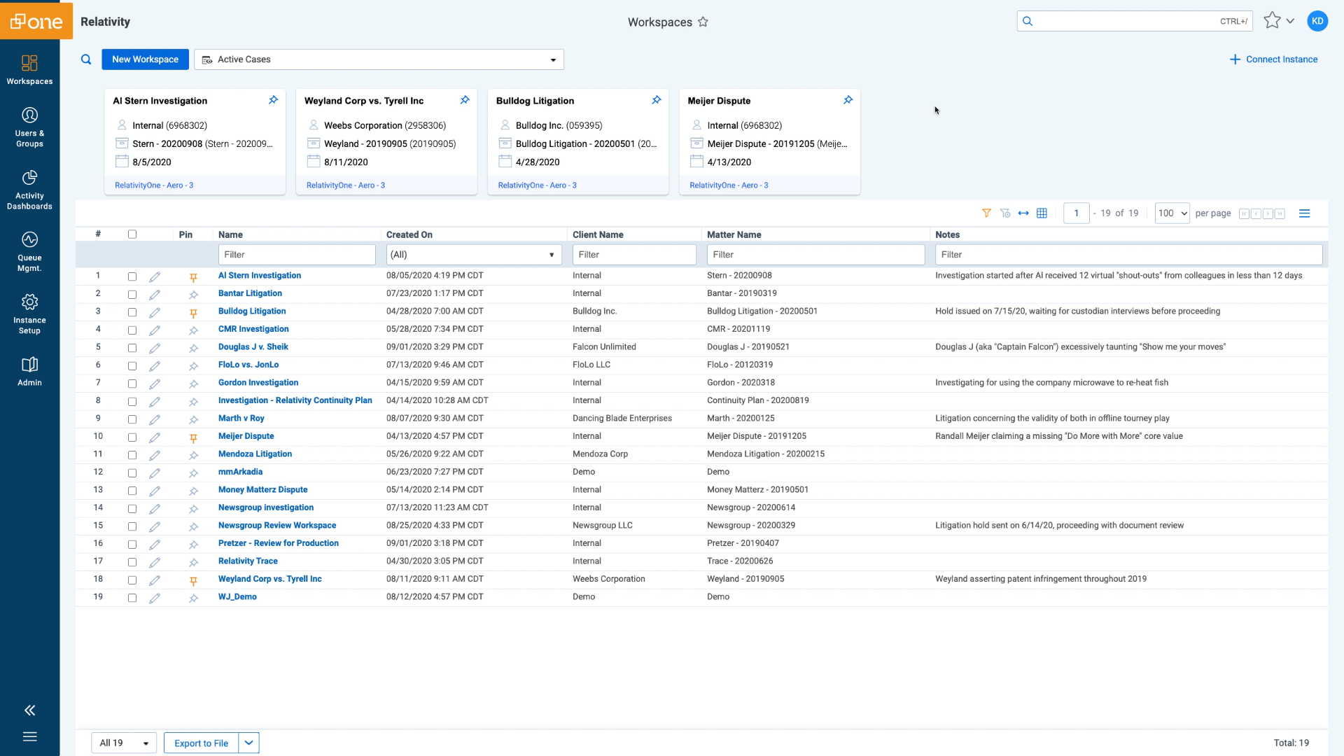 Keynote screenshot - workspace list