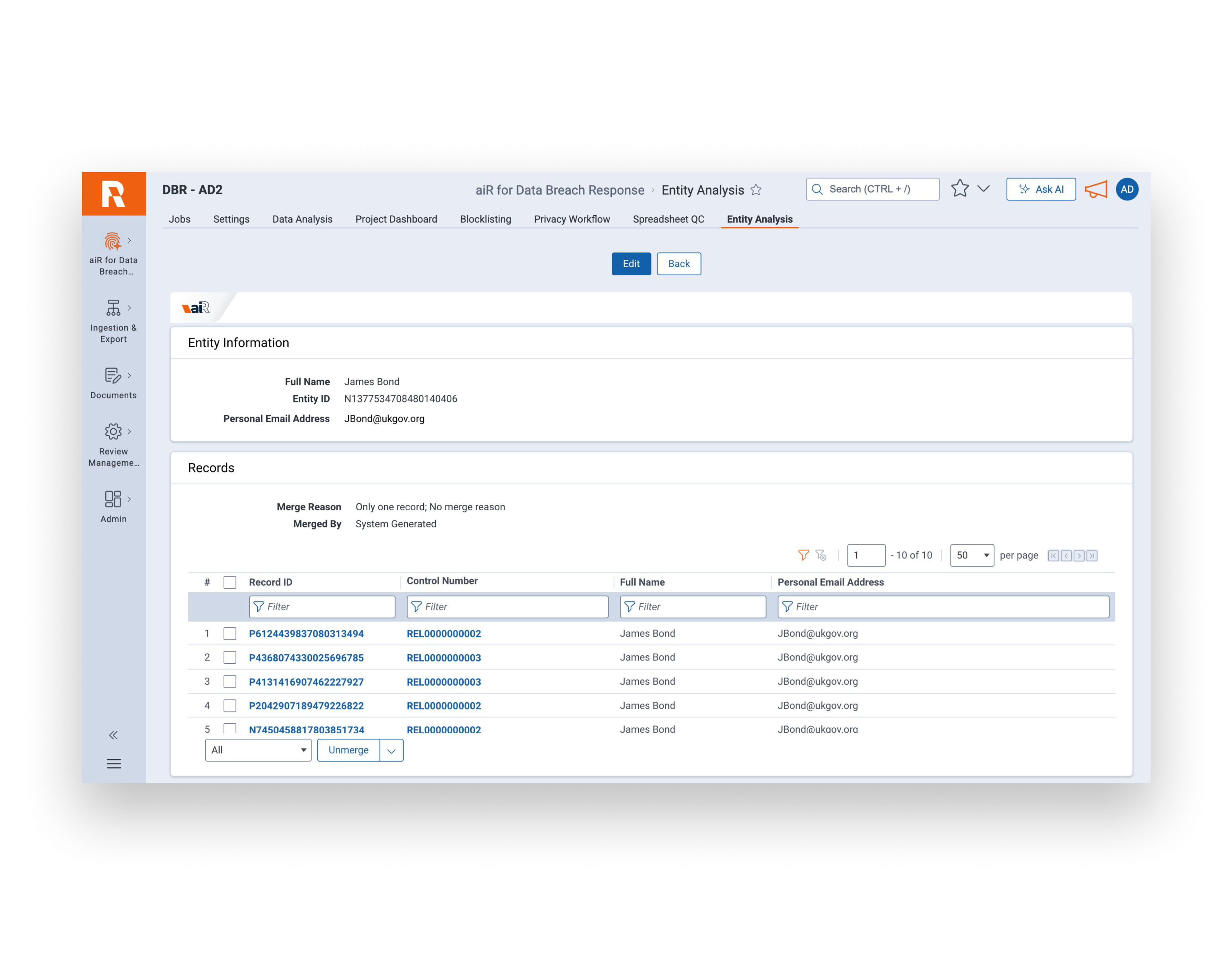 aiR for Data breach response - Review and normalize entities screenshot