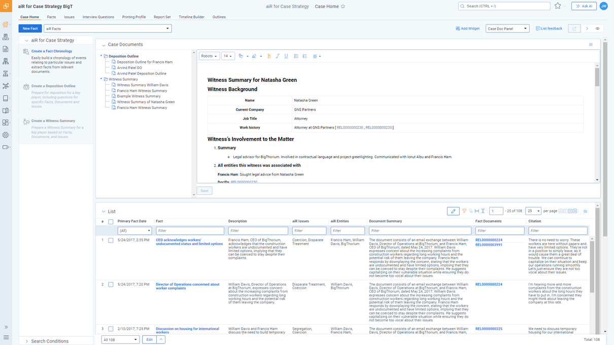Relativity aiR for Case Strategy screenshot